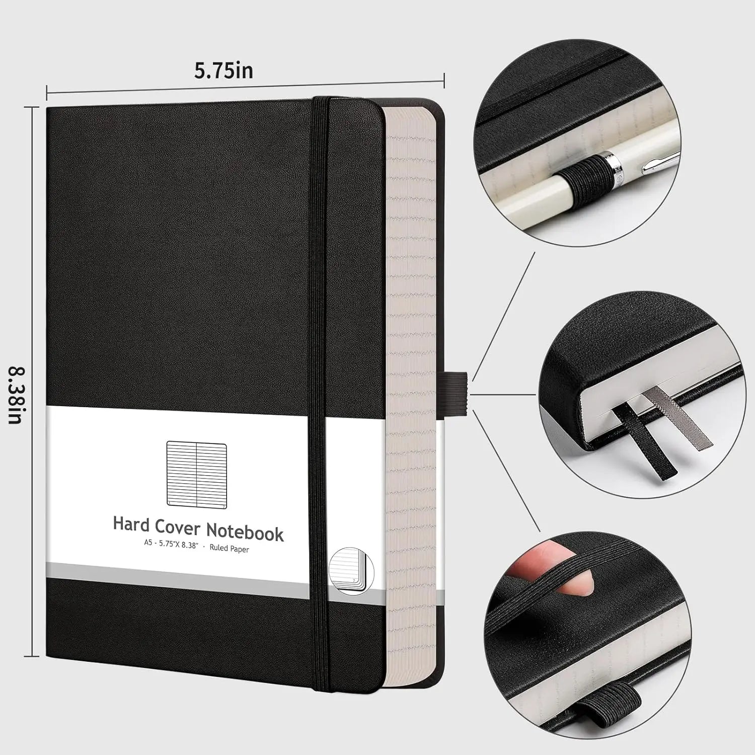 Thick Lined Notebook - 320 Numbered Pages, A5 College Ruled, Leather Hardcover for Writing Work Office School, Black